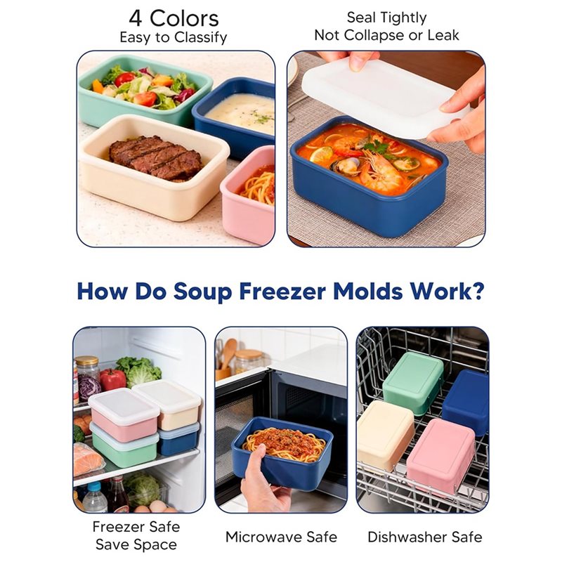 AB33-4팩 실리콘 냉동고용 뚜껑 포함 수프, 소스, - Meal Prep Containers 리뷰 및 가격